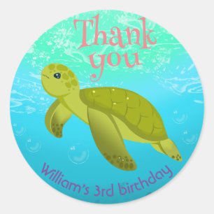 Sticker Rond Sous La Tortue De Mer Aux Bulles Anniversaire