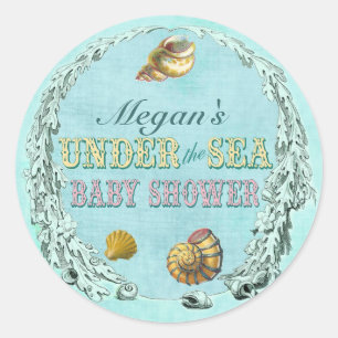 Sticker Rond Sous l'autocollant de baby shower de mer - nom