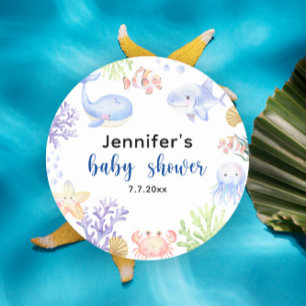 Sticker Rond Sous Le Baby shower De La Mer Animaux