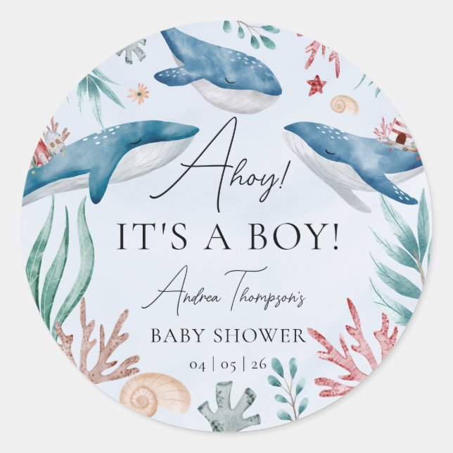 Sticker Rond Sous le Baby shower des baleines bleues de la mer (Devant)