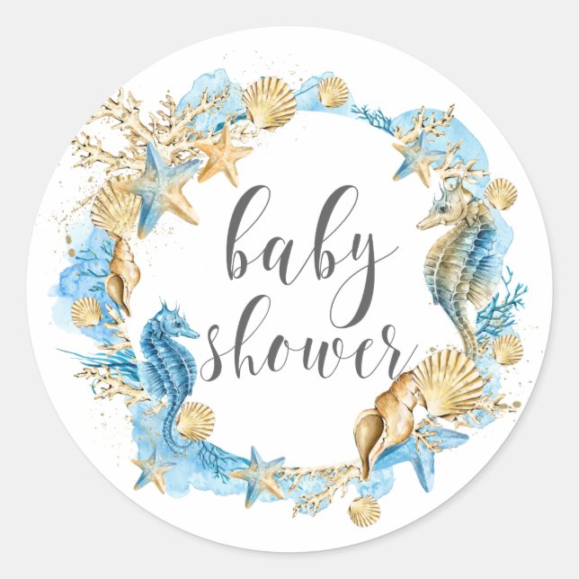 Sticker Rond Sous le Baby shower Sea Blue & Gold (Devant)