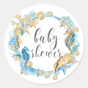 Sticker Rond Sous le Baby shower Sea Blue & Gold