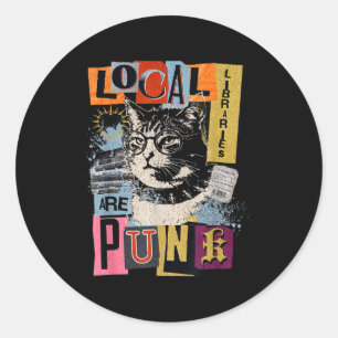 Sticker Rond Soutenez la bibliothèque locale chat drôle lisant 
