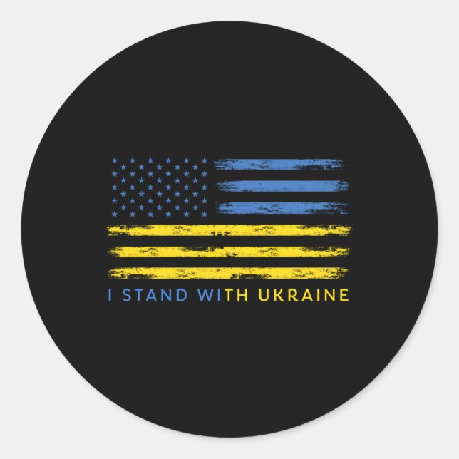 Sticker Rond Soutenez Le Drapeau Ukrainien Américain I Avec L'U (Devant)