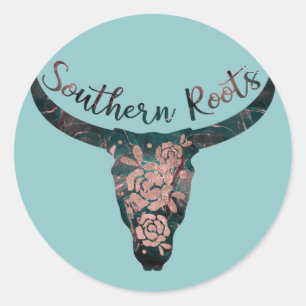 Sticker Rond Southern Roots Country Longhorn Rose & Green