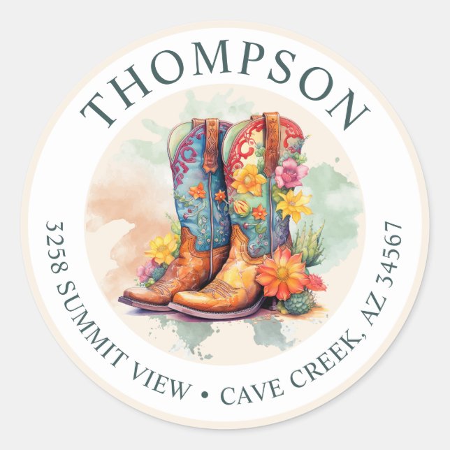 Sticker Rond Southwestern Cowgirl Boots Retourner l'adresse éti (Devant)