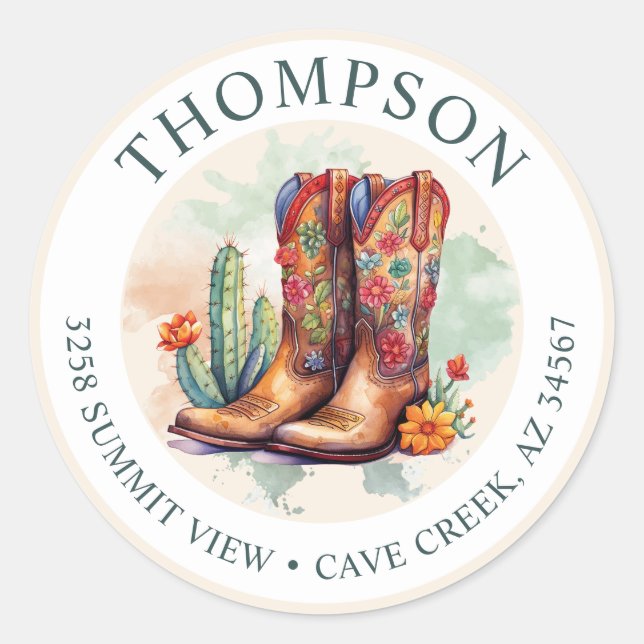 Sticker Rond Southwestern Cowgirl Boots Retourner l'adresse éti (Devant)