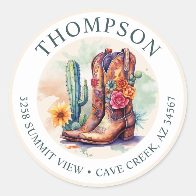 Sticker Rond Southwestern Cowgirl Boots Retourner l'adresse éti (Devant)