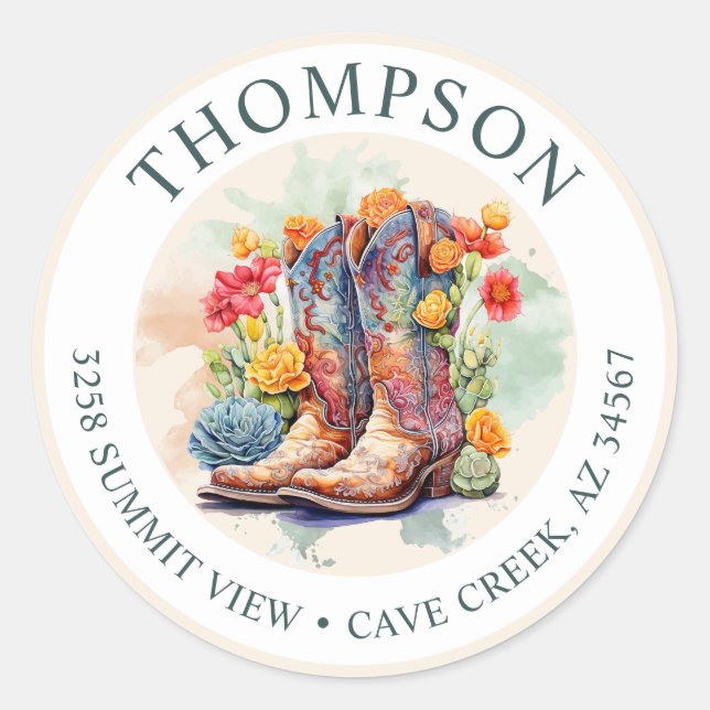 Sticker Rond Southwestern Cowgirl Boots Retourner l'adresse éti (Devant)