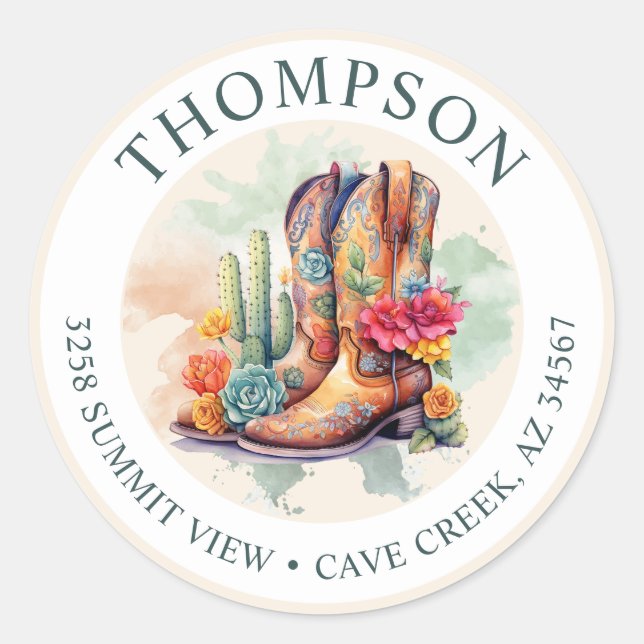 Sticker Rond Southwestern Cowgirl Boots Retourner l'adresse éti (Devant)