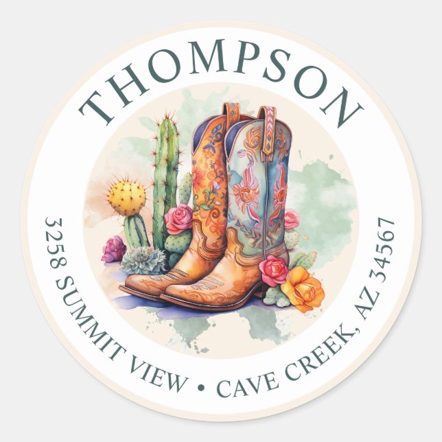 Sticker Rond Southwestern Cowgirl Boots Retourner l'adresse éti (Devant)