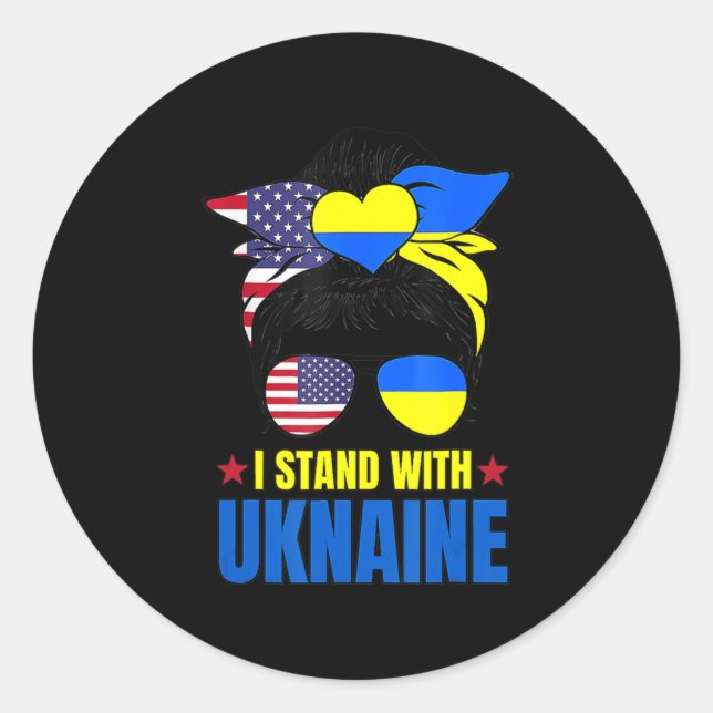 Sticker Rond Soutien Je Me Tiens Avec L'Ukraine Messy Bun Améri (Devant)