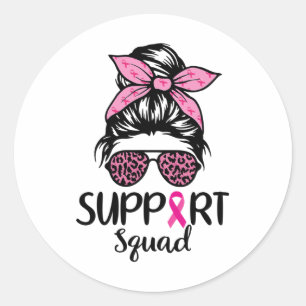 Sticker Rond Soutien Squad Messy Bun Leopard Pink Breast Cancer