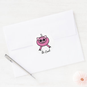 Sticker Rond "Soyez Cool" Cochon rose avec chevalet rond de lun