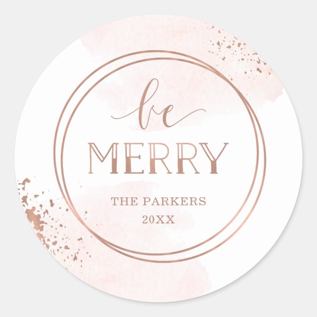Sticker Rond Soyez Joyeux | Faux Rose Gold et Blush Christmas (Devant)