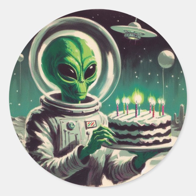 Sticker Rond Space Alien with Birthday Cake UFO Flying Saucer  (Devant)