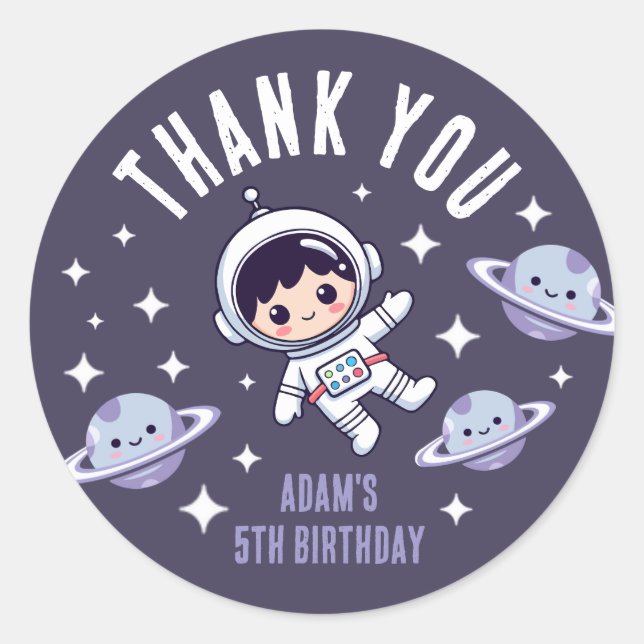 Sticker Rond Space Birthday Thank You | Cute Astronaut Galaxy  (Devant)