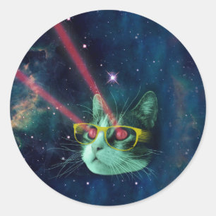 Sticker Rond Space cat avec lunettes jaunes