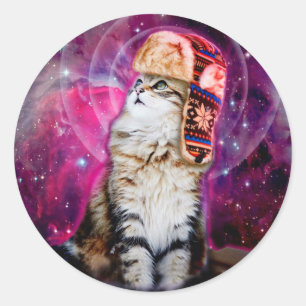 Sticker Rond Space cat en casquette russe