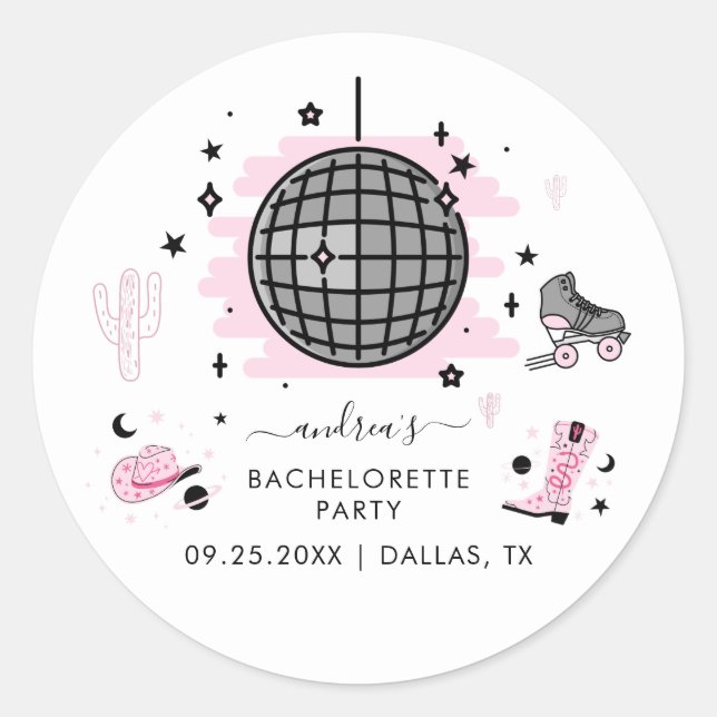 Sticker Rond Space Cowgirl Retro Disco Bacheloro Party rose (Devant)
