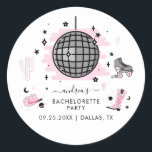 Sticker Rond Space Cowgirl Retro Disco Enterrement de Vie de Cé<br><div class="desc">Célébrez votre enterrement de vie de célibataire avec ces autocollants mignons,  avec boule disco et texte personnalisé. Ajoutez facilement vos propres détails en cliquant sur l'option "personnaliser ce modèle".</div>