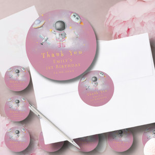 Sticker Rond Space girl Astronaut roquette rose star 1er annive