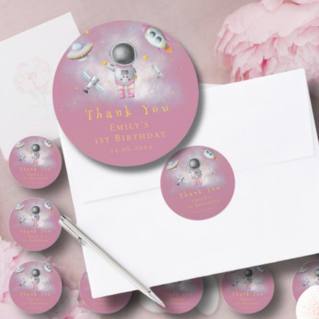 Sticker Rond Space girl Astronaut roquette rose star 1er annive (Créateur téléchargé)