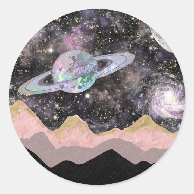 Sticker Rond Space Mountains Gold Starry Sky Galaxy Planètes (Devant)