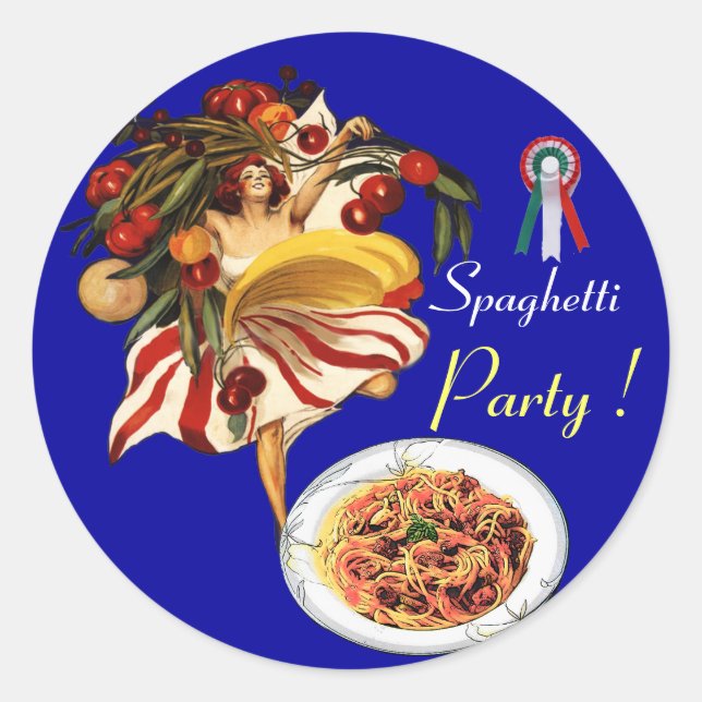 STICKER ROND SPAGHETTI PARTY DANCE, CUISINE ITALIENNE ET TOMATE (Devant)