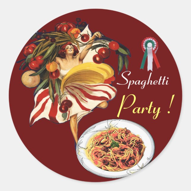 STICKER ROND SPAGHETTI PARTY DANCE, CUISINE ITALIENNE ET TOMATE (Devant)