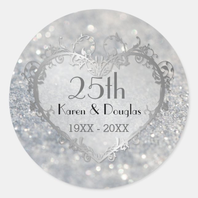 Sticker Rond Sparkle Coeur d'argent 25e anniversaire Mariage (Devant)