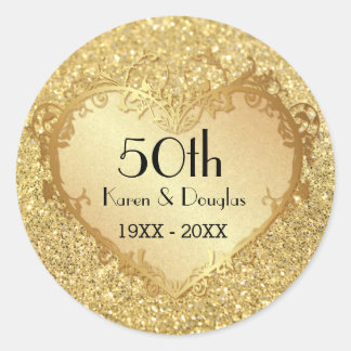 Sticker Rond Sparkle Gold Heart 50e anniversaire de Mariage