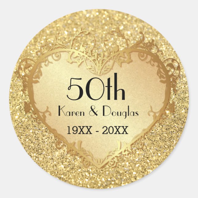 Sticker Rond Sparkle Gold Heart 50e anniversaire de Mariage (Devant)