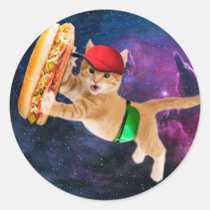 Sticker Rond Spatiale chat avec casquette et sac à dos
