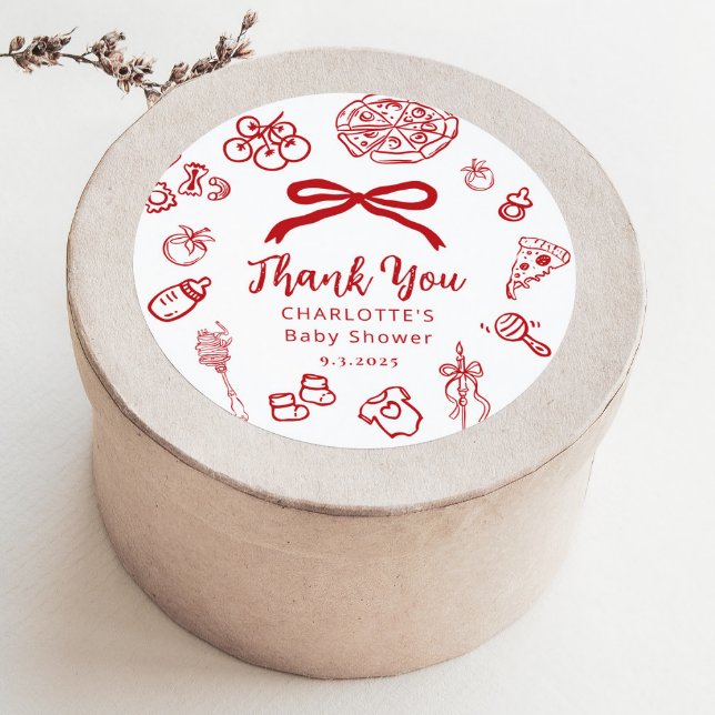 Sticker Rond Special Delivery Whimsical Red Bow Baby Shower (Créateur téléchargé)