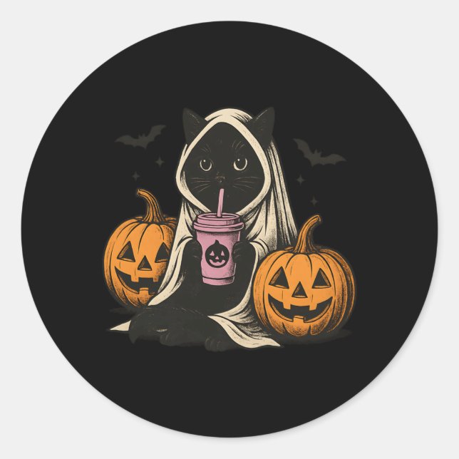Sticker Rond Spectacle d'Halloween Fantôme de Chat Noir (Devant)