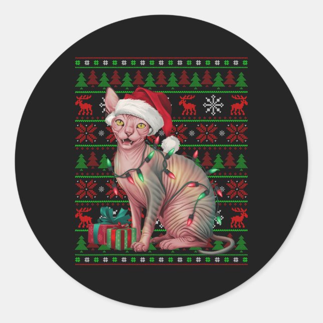 Sticker Rond Sphynx Chat Xmas Lights Vilant Santa Hat Sphynx Ch (Devant)