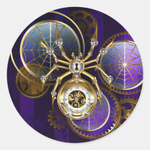 Sticker Rond Spider Steampunk sur Arrière - plan pourpre