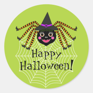 Sticker Rond Spider Witch Halloween heureux