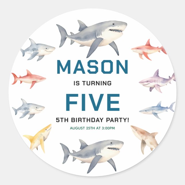 Sticker Rond Splash de requin Fête d'anniversaire de 5 ans | En (Devant)