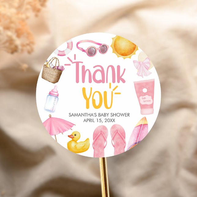 Sticker Rond Splish Splash Fête de Bébé d'Été (Pink Splish Splash Baby Shower Sticker)