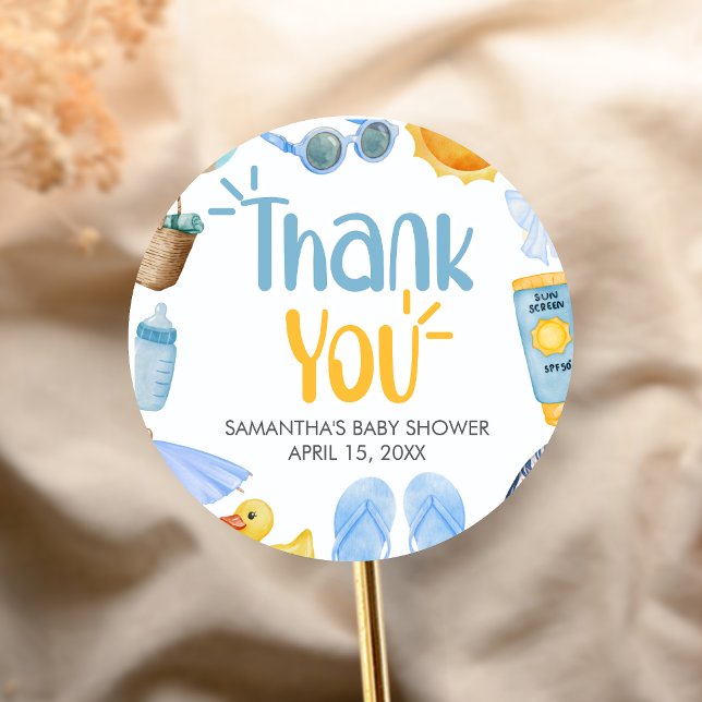 Sticker Rond Splish Splash Fête de Bébé d'Été (Blue Splish Splash Baby Shower Sticker)