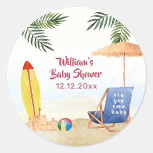 Sticker Rond Splish Splash Planche de Surf Sable Garçon Baby Sh