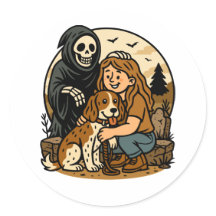 Spooky Grim Reaper with Girl and Dog Skeleton Art 