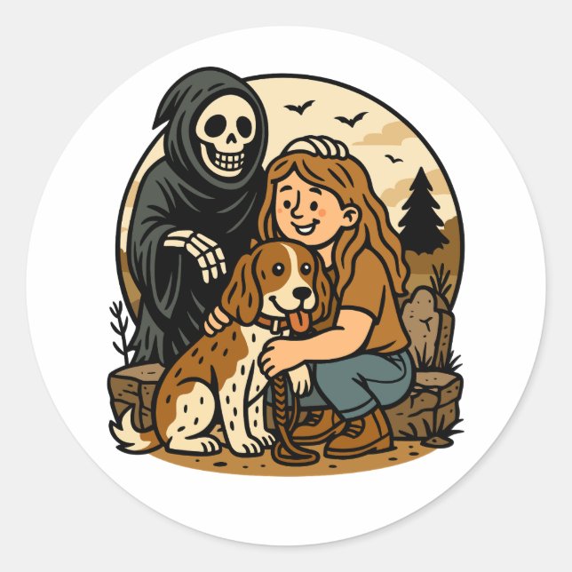 Sticker Rond Spooky Grim Reaper with Girl and Dog Skeleton Art  (Devant)