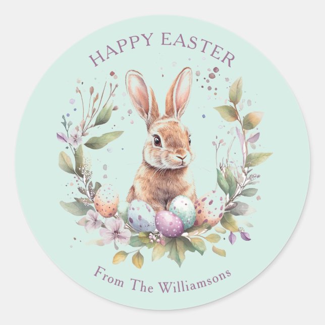 Sticker Rond Spring Bunny Easter Eggs Wreath Personalized (Devant)