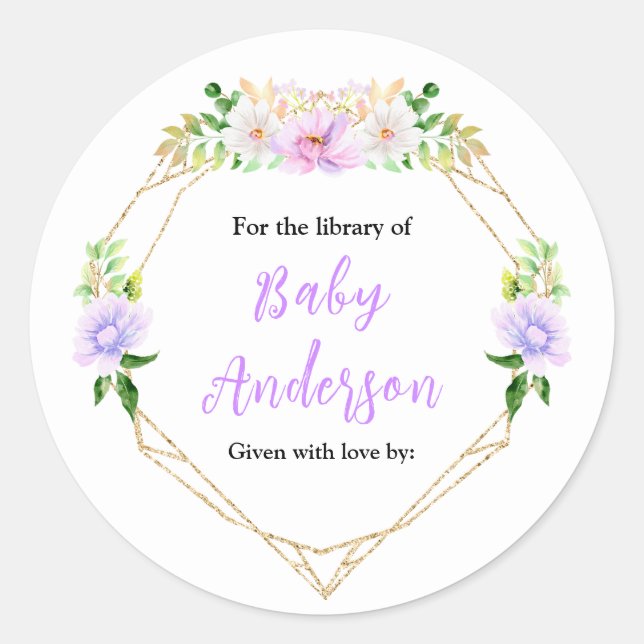 Sticker Rond Spring Purple Floral Baby Shower Bookplate (Devant)