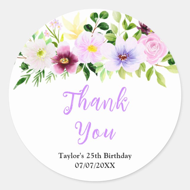 Sticker Rond Spring Purple Floral Birthday Party Thank You (Devant)