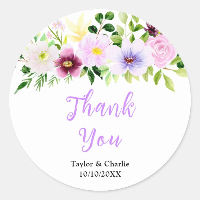 Sticker Rond Spring Purple Floral Wedding Thank You (Devant)