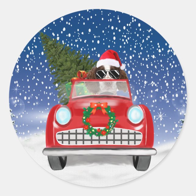 Sticker Rond Springer Anglais Spaniel Chien Voiture En Neige No (Devant)
